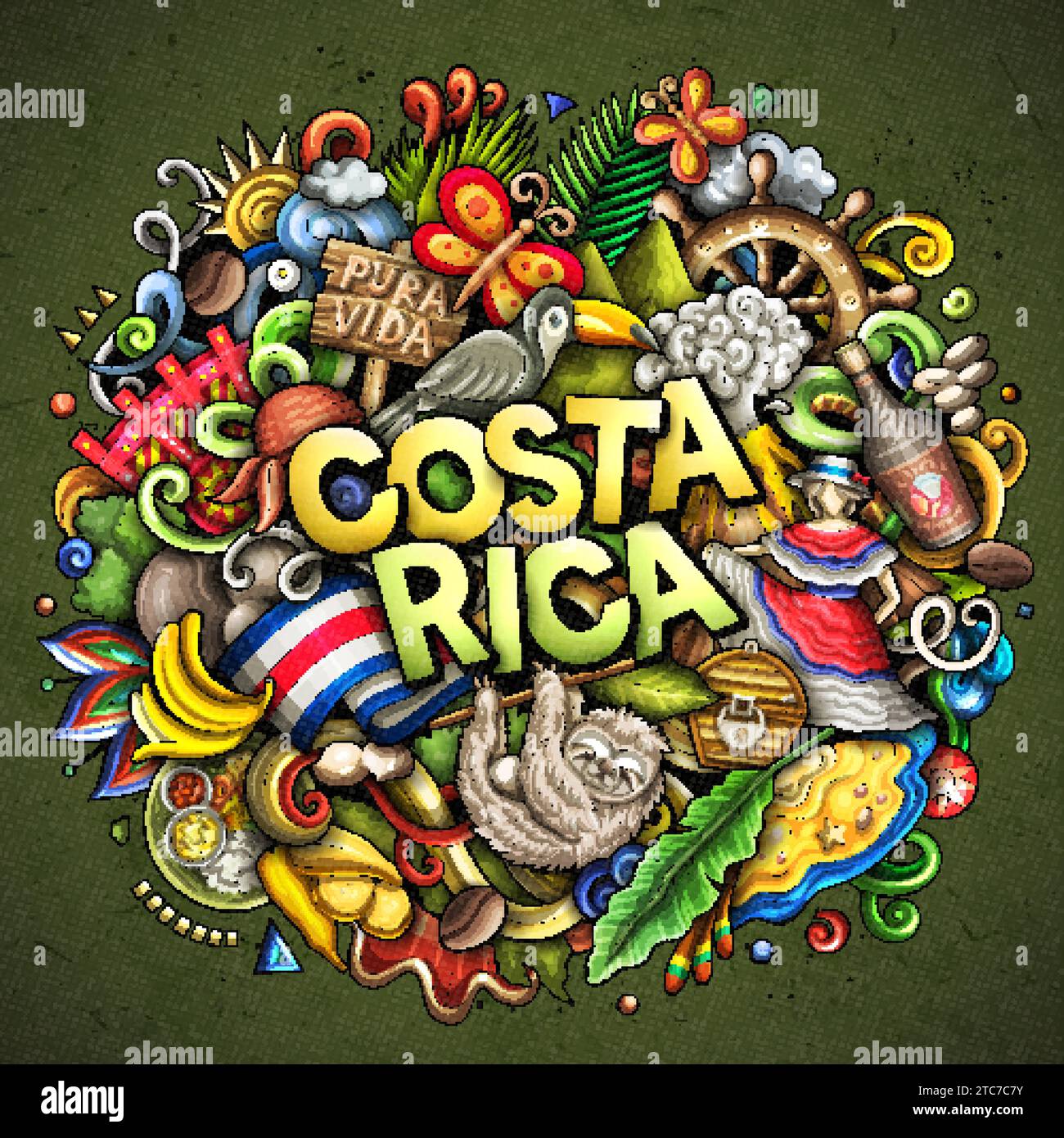 Vector funny doodle illustration with Costa Rica theme. Vibrant and eye-catching design, capturing the essence of Central America culture and traditio Stock Vector