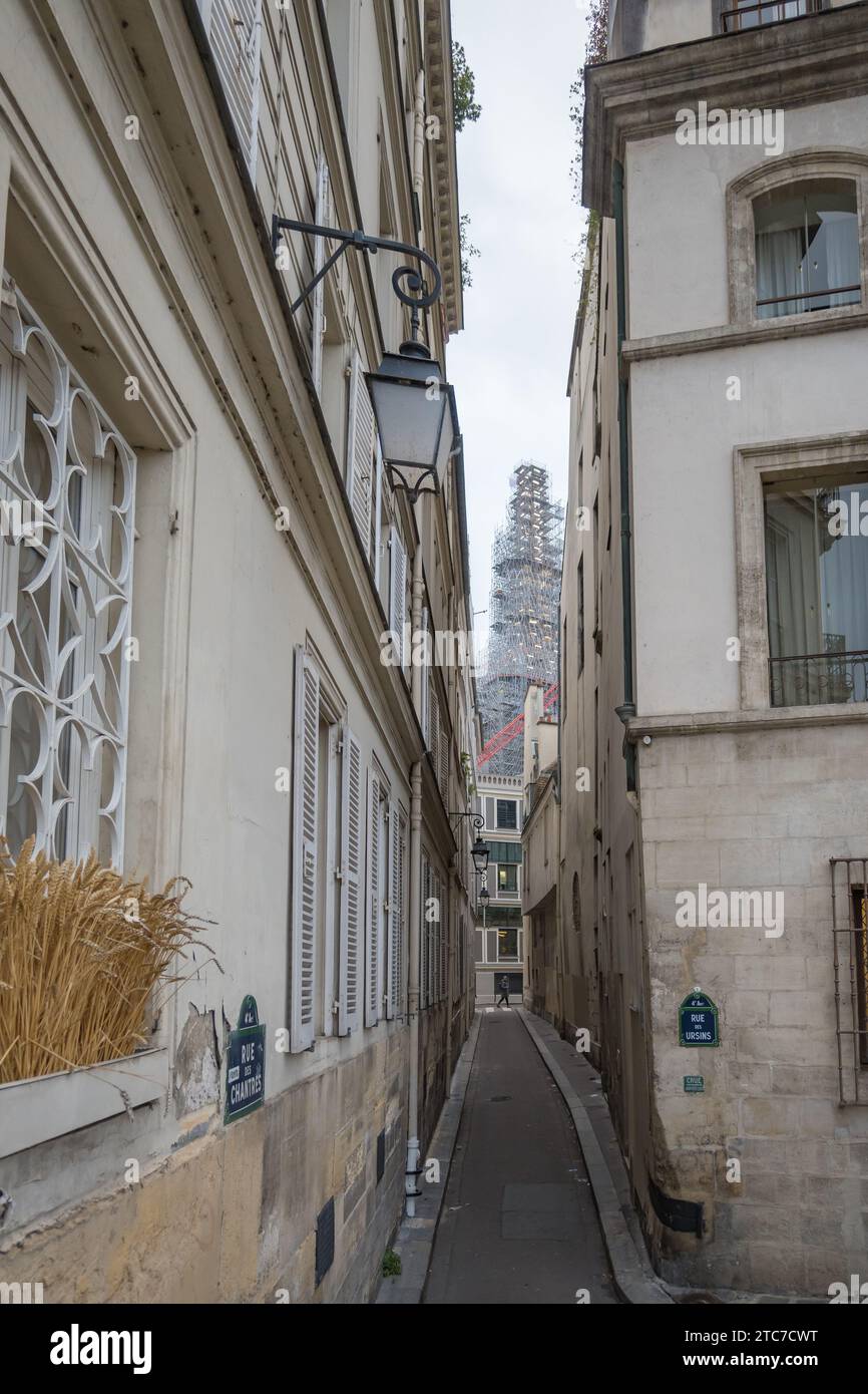 Paris, France, Construction site of Notre Dame de Paris seen from a narrow street, Editorial only. Stock Photo