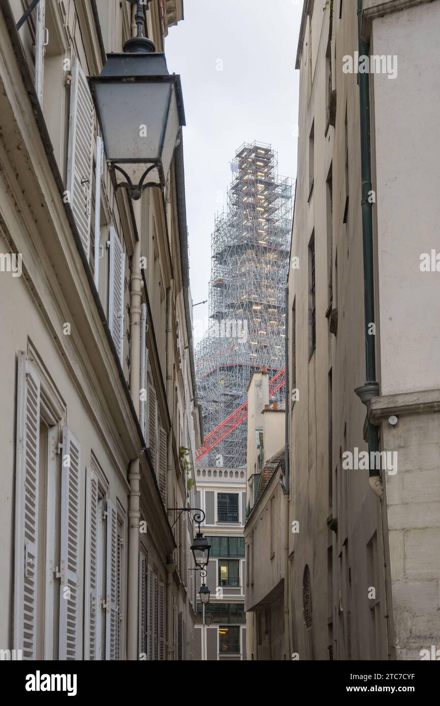 Paris, France, Construction site of Notre Dame de Paris seen from a narrow street, Editorial only. Stock Photo