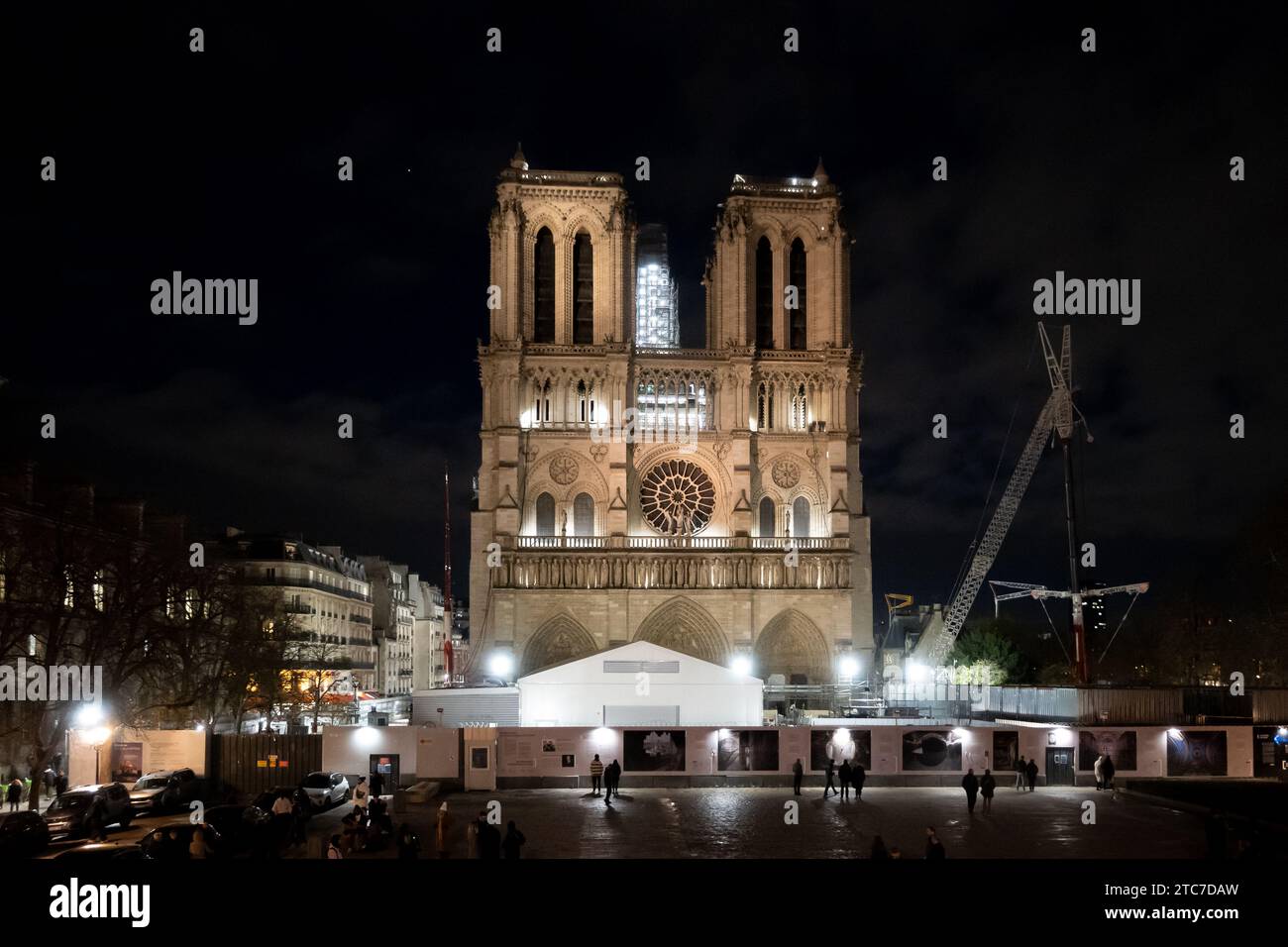 Paris, France, Illuminated construction site of Notre Dame de Paris, Editorial only. Stock Photo