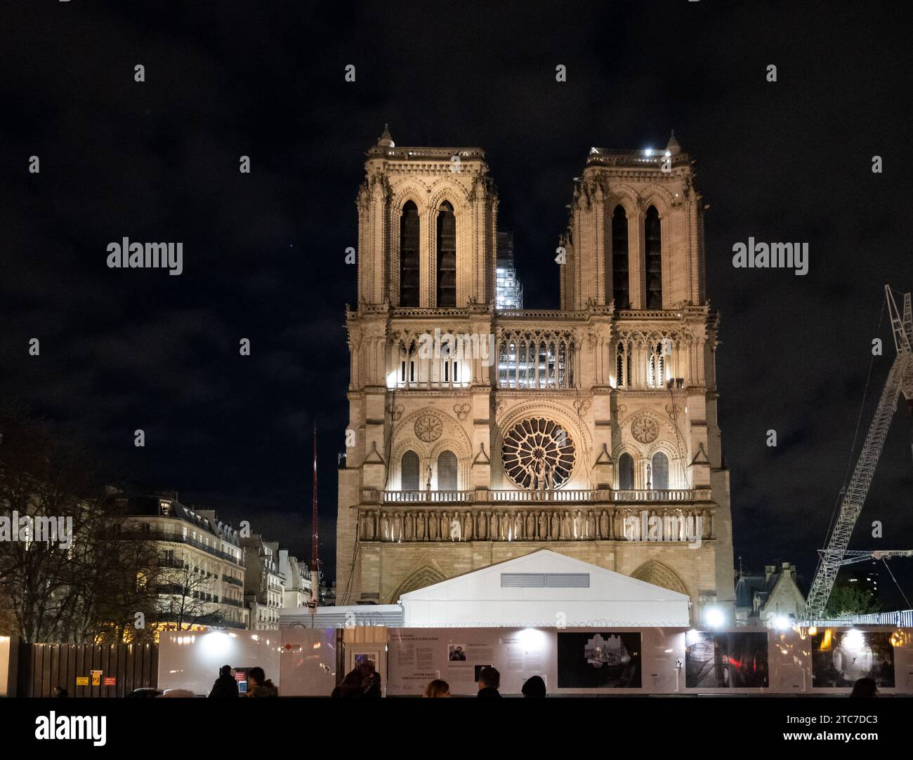 Paris, France, Illuminated construction site of Notre Dame de Paris, Editorial only. Stock Photo