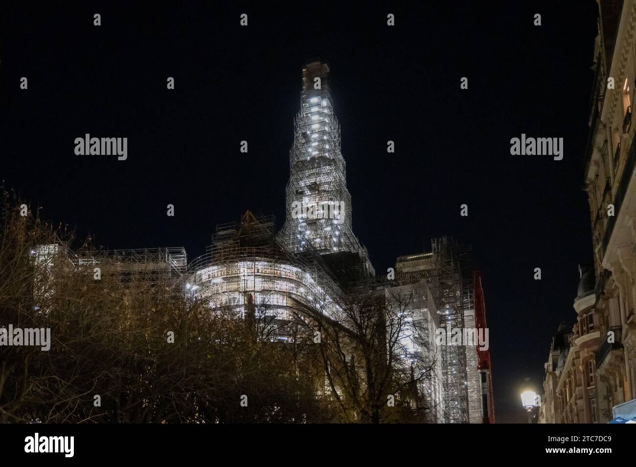 Paris, France, Illuminated construction site of Notre Dame de Paris, Editorial only. Stock Photo