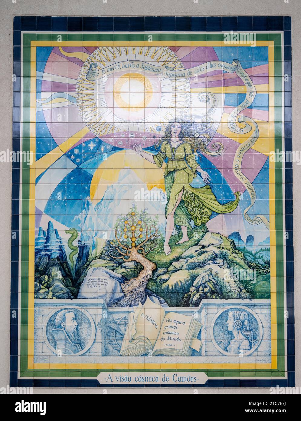 Camoes’ Cosmic Vision Historic and religious scenes set Painted tile decorating the Interior of the Rossio Train Station, Lisbon, Portugal one of 13 t Stock Photo