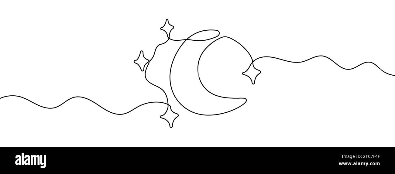 Continuous editable line drawing of moon and stars. One line drawing background. Vector illustration. Single line moon icon Stock Vector