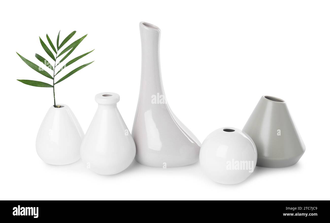 Many different stylish vases on white background Stock Photo