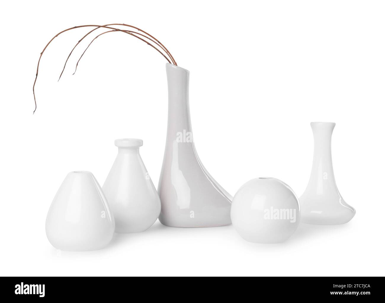 Many different stylish vases on white background Stock Photo