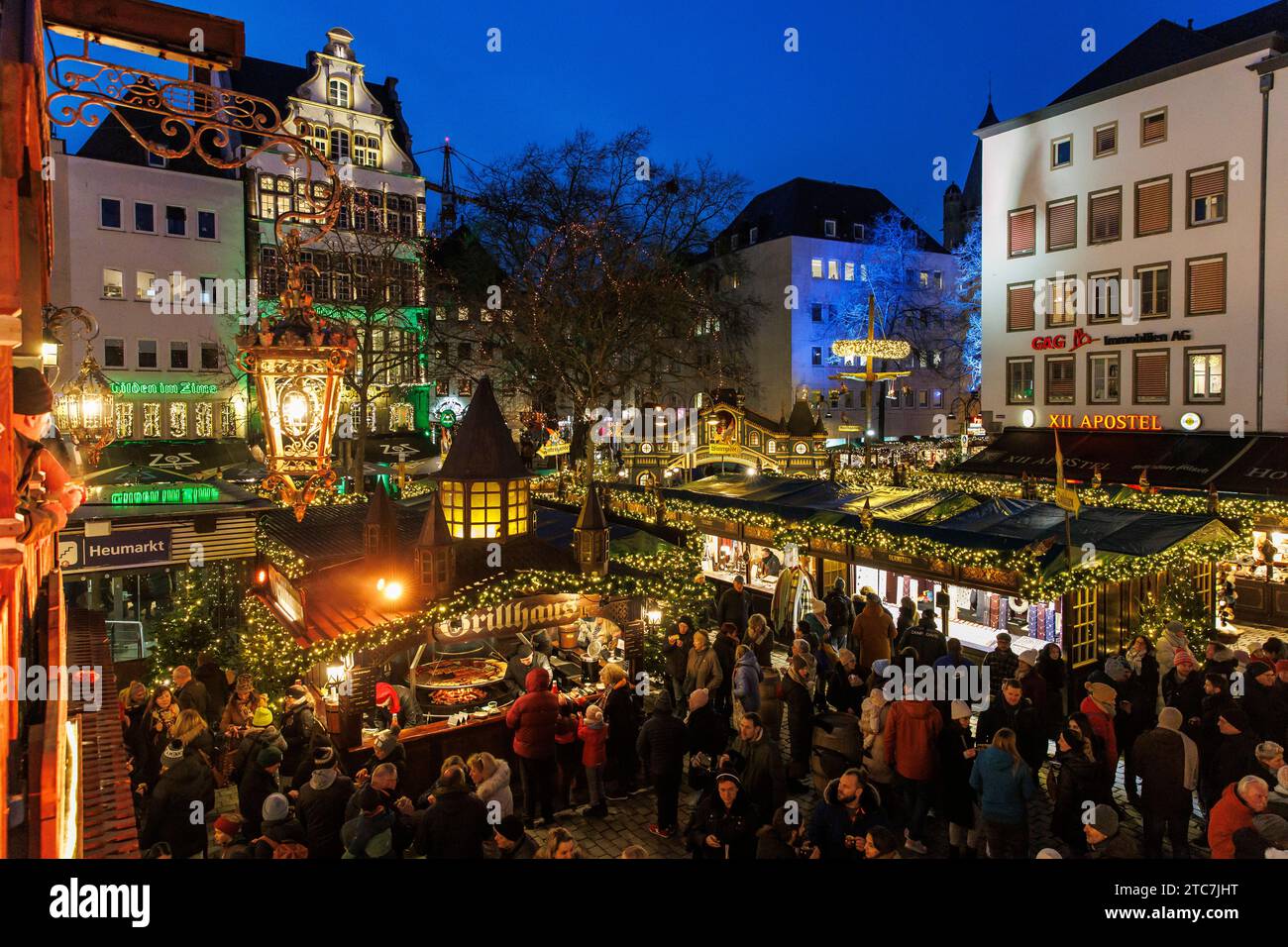 the Christmas market Heinzels Wintermaerchen at the Heumarkt in the historic town, Cologne, Germany. der Weihnachtsmarkt Heinzels Wintermaerchen auf d Stock Photo