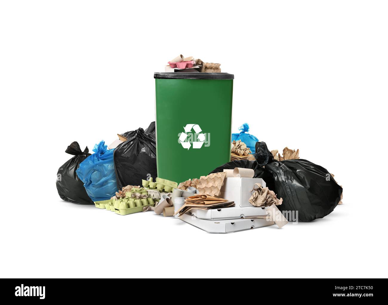Waste bin, plastic bags and garbage on white background Stock Photo Alamy