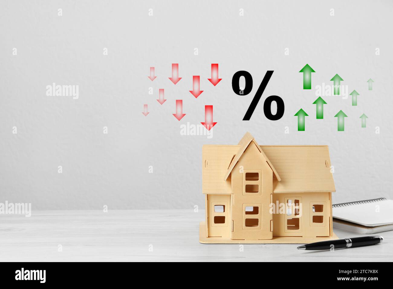 Mortgage rate swings illustrated by percent sign, upward and downward ...