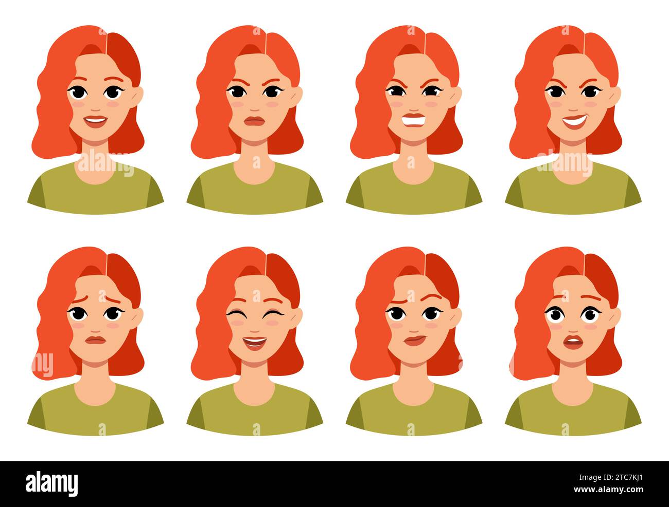 Woman faces. Sad and happy girl character, surprised and angry emotion, different smile people avatars, confused person. Cute redhead teenager portrai Stock Vector