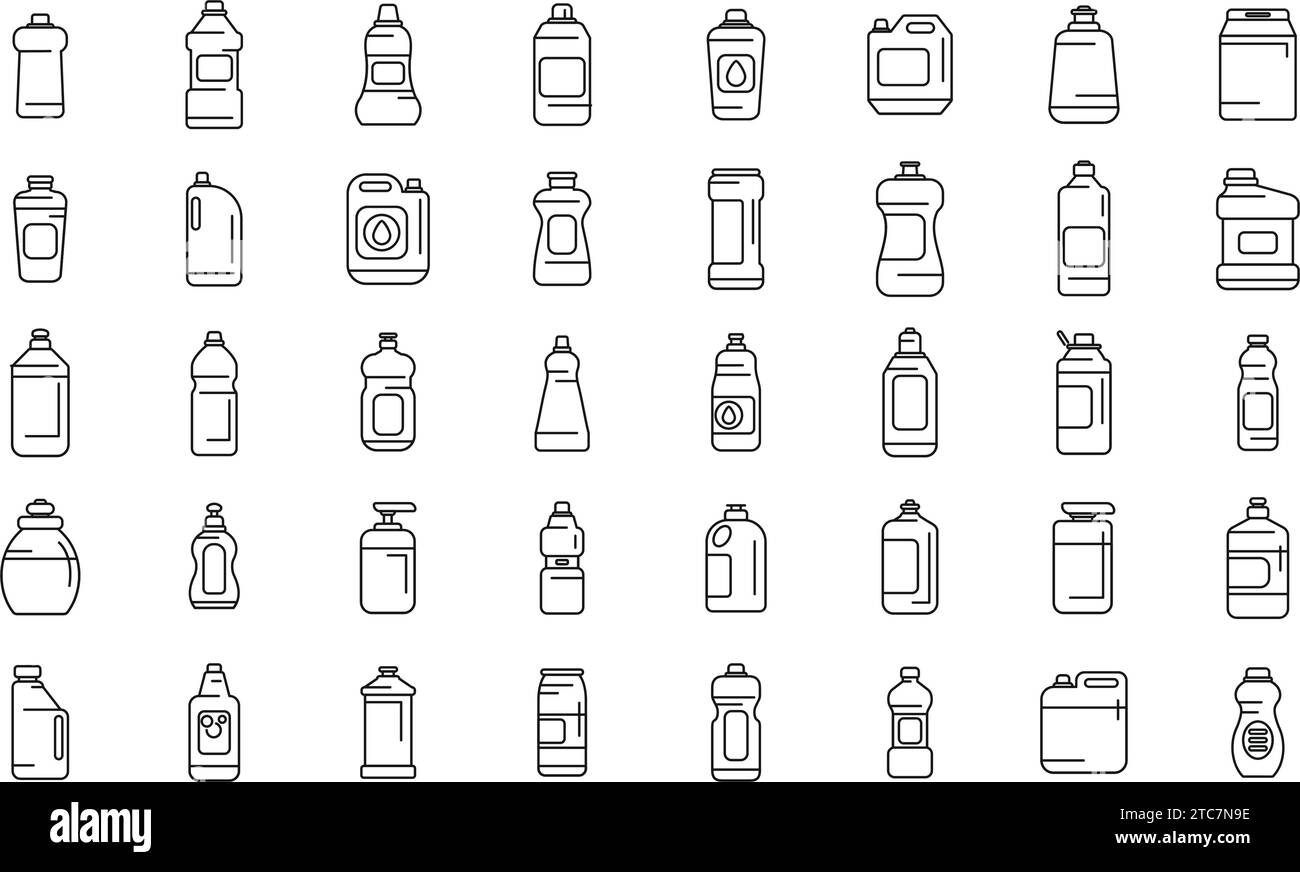 Dishwasher detergent icons set outline vector. Tabs advertising clean. Bottle liquid plastic