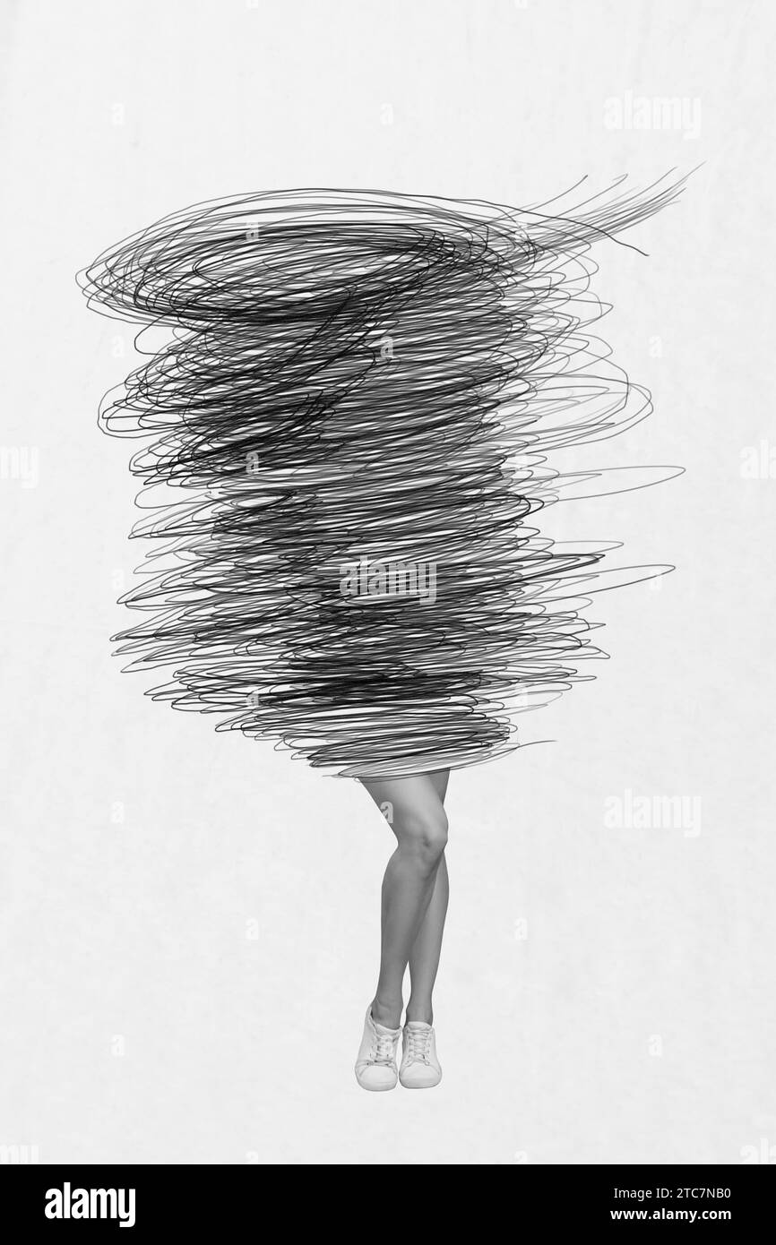 Creative retro 3d magazine collage image of puzzled lady tornado instead body isolated white color background Stock Photo