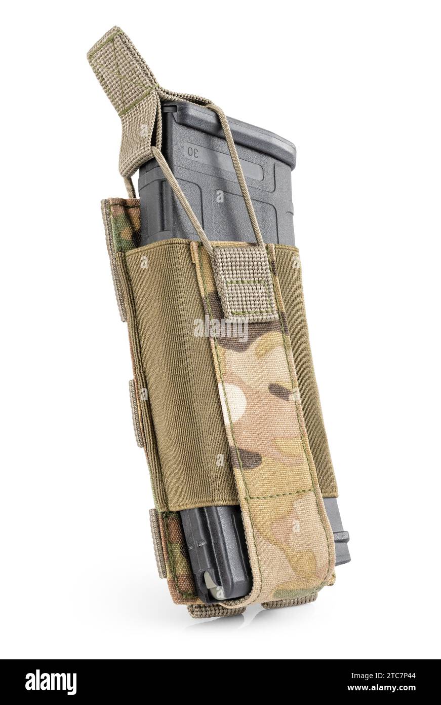 Military pouch in multicam camouflage with bullet magazine inside on white background. Military tactical gear. Stock Photo