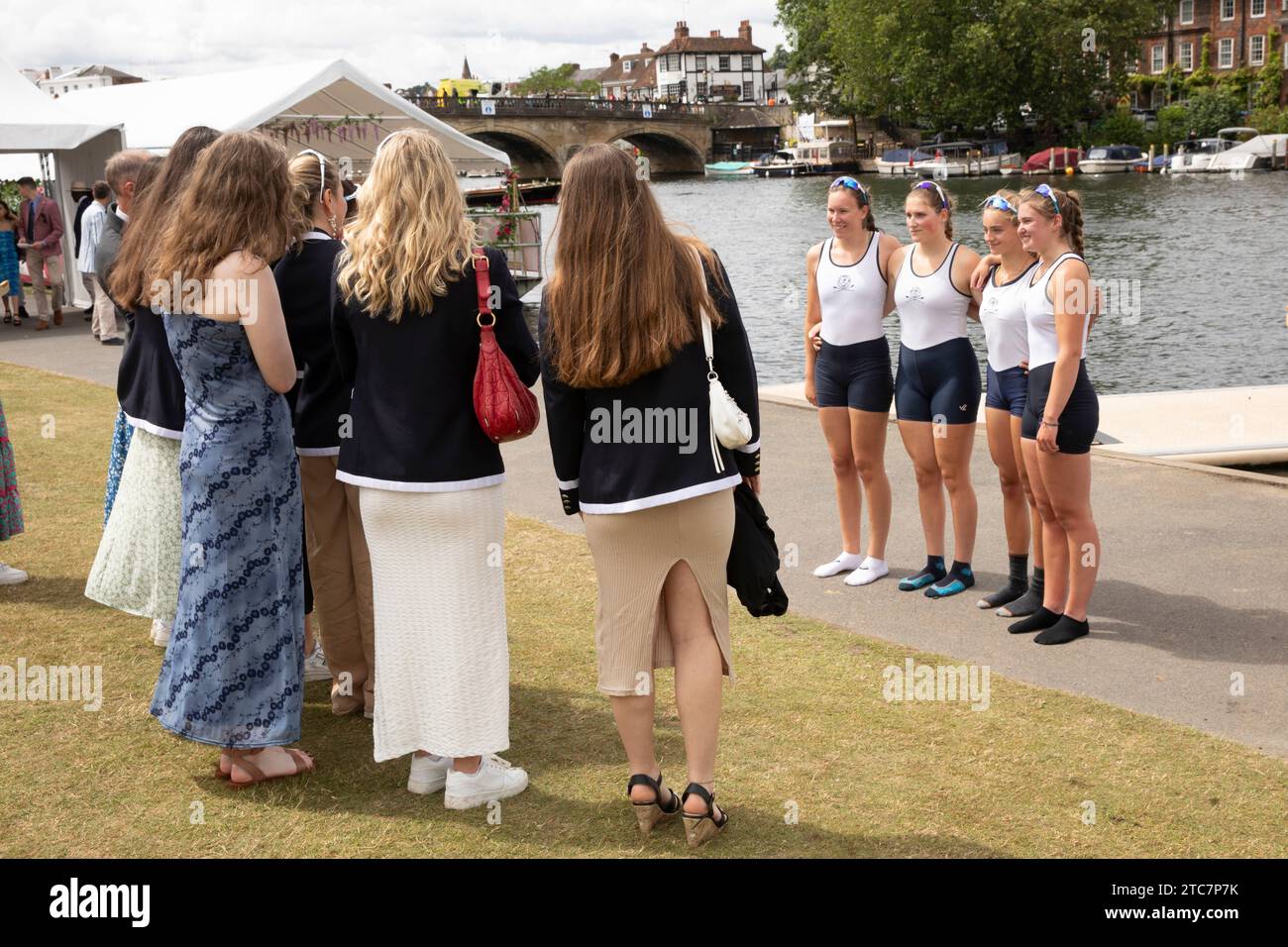 UK, England, Berkshire, Henley Royal Regatta, winning female boat crew being photographed Stock Photo