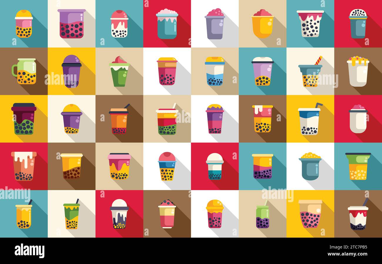 Bubble tea icons set flat vector. Asian balls cups. Drink milk tea