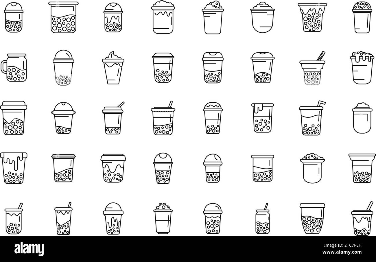 Bubble tea icons set outline vector. Asian balls cups. Drink milk tea