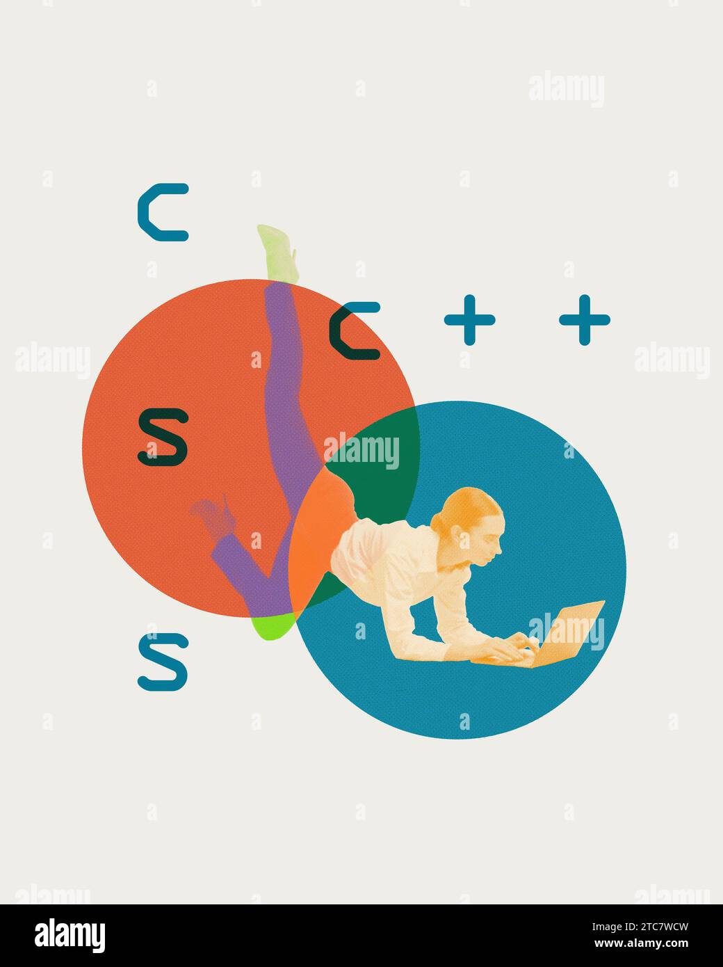 CSS and C plus programmer. Young woman working on laptop, writing code, developing websites, programs, apps. Contemporary art collage Stock Photo
