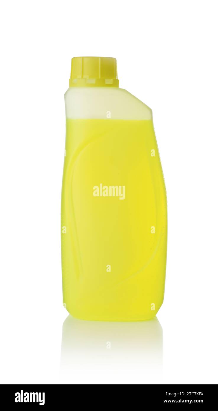 Small plastic closed bottle of yellow antifreeze isolated on white. Stock Photo