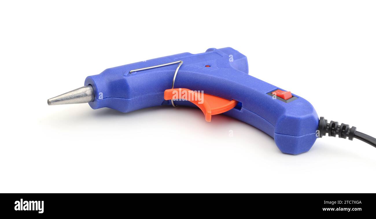 New blue glue gun tool isolated on white. Stock Photo