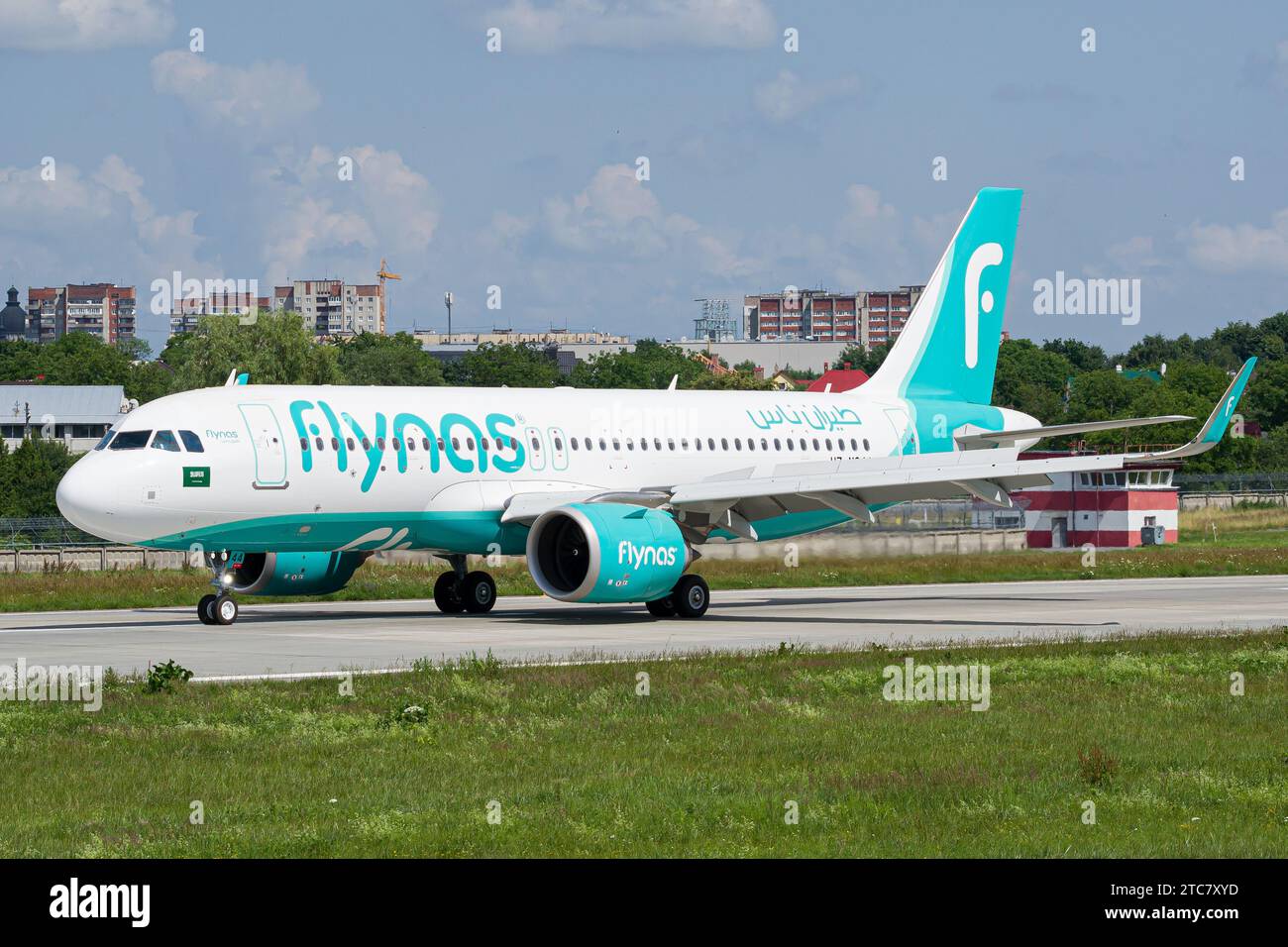 Saudi low-cost airline's Flynas Airbus A320 NEO taxiing after landing at Lviv Stock Photo