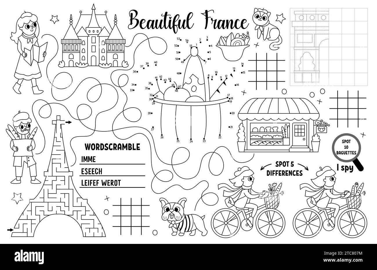 Vector France placemat for kids. French printable activity mat with