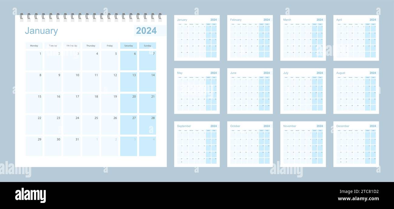 2024 wall planner in blue pastel color, week starts on Monday. Calendar ...