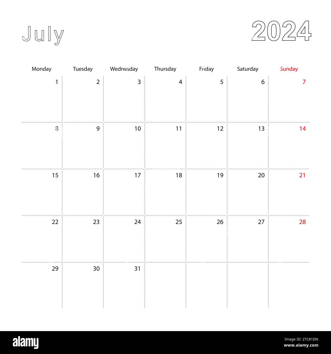 Simple wall calendar for July 2024 with dotted lines. The calendar is ...