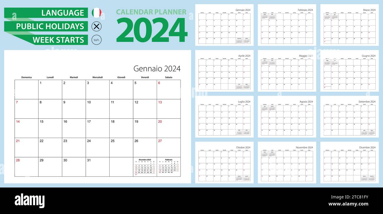 Italian calendar planner for 2024. Italian language, week starts from