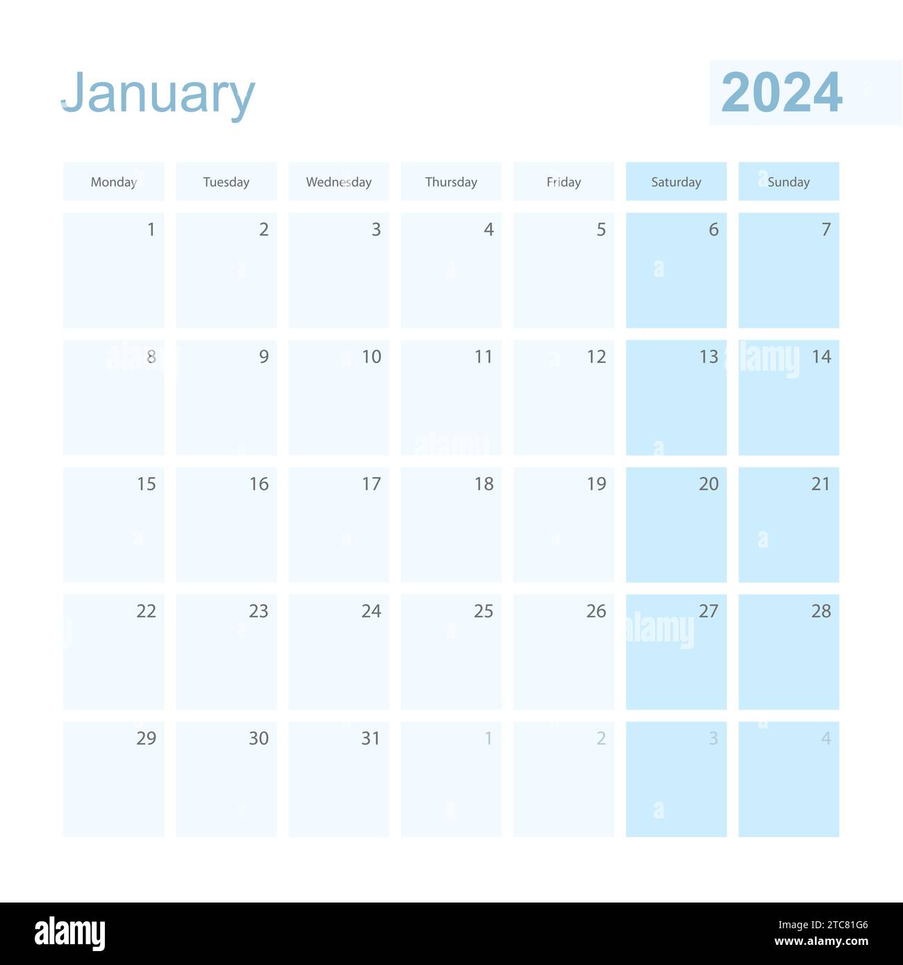 2024 January wall planner in blue pastel color, week starts on Monday. Calendar for January 2024 with blue square and with day of previous and next mo Stock Vector