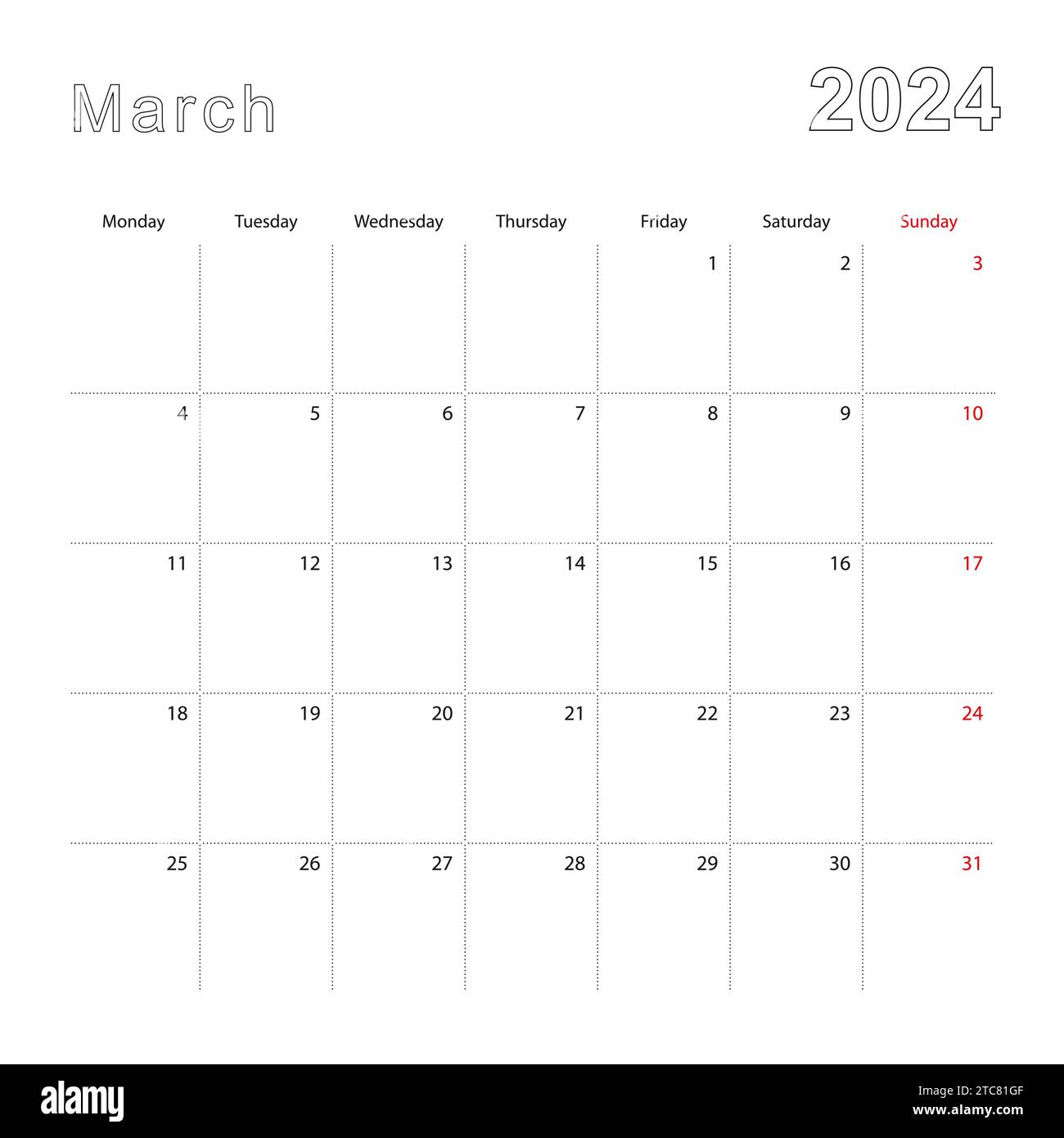 Simple wall calendar for March 2024 with dotted lines. The calendar is ...
