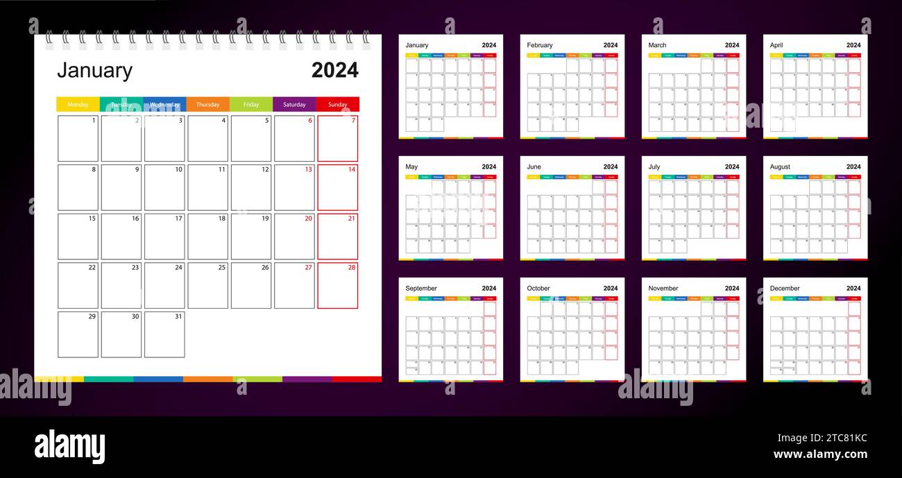 Colorful wall calendar for 2024 on dark background, week starts on ...