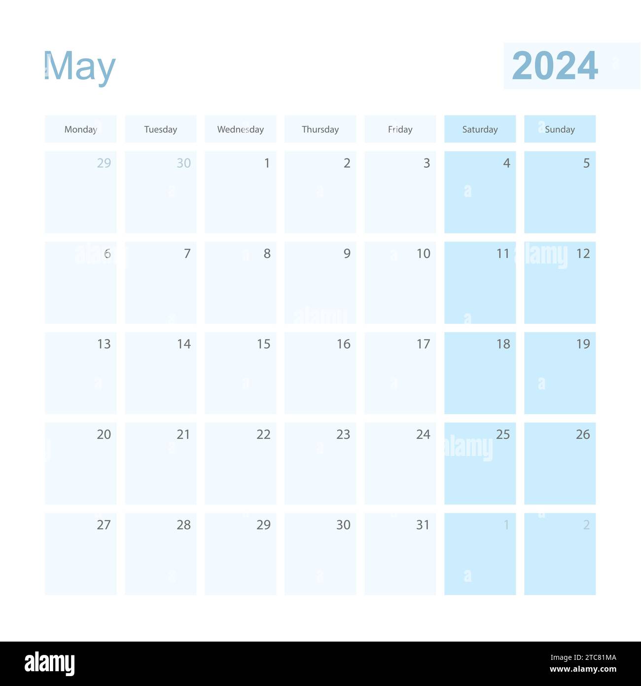 2024 May wall planner in blue pastel color, week starts on Monday ...