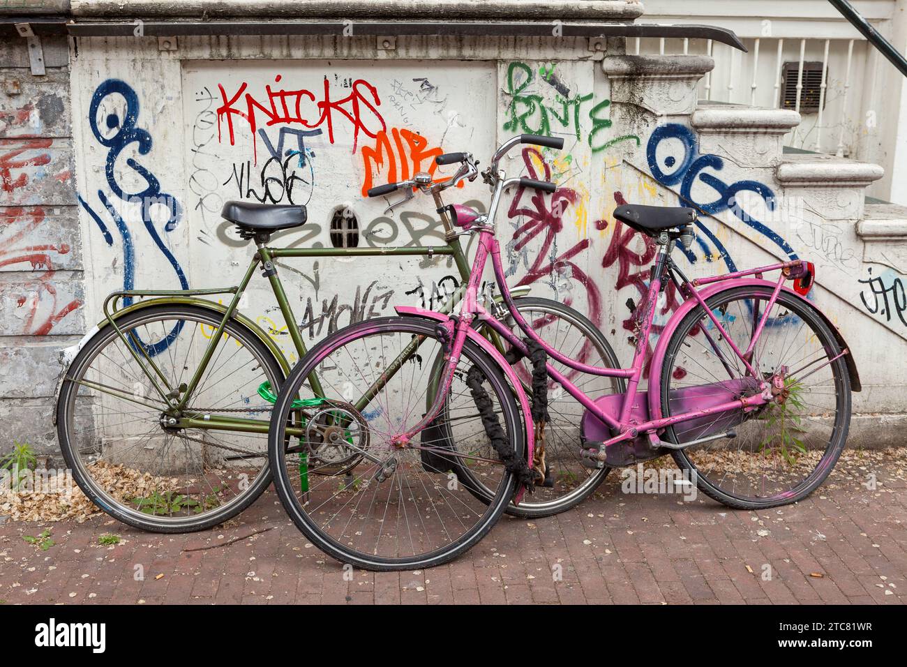 Bicycles and graffiti, Amsterdam, Netherlands Stock Photo