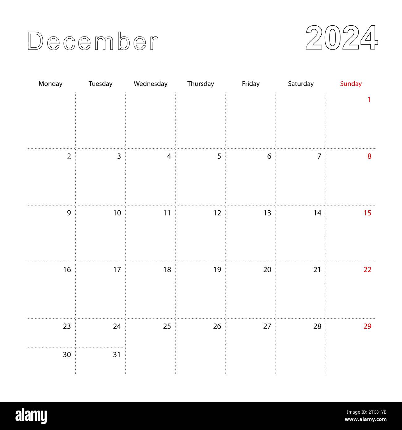 Simple wall calendar for December 2024 with dotted lines. The calendar