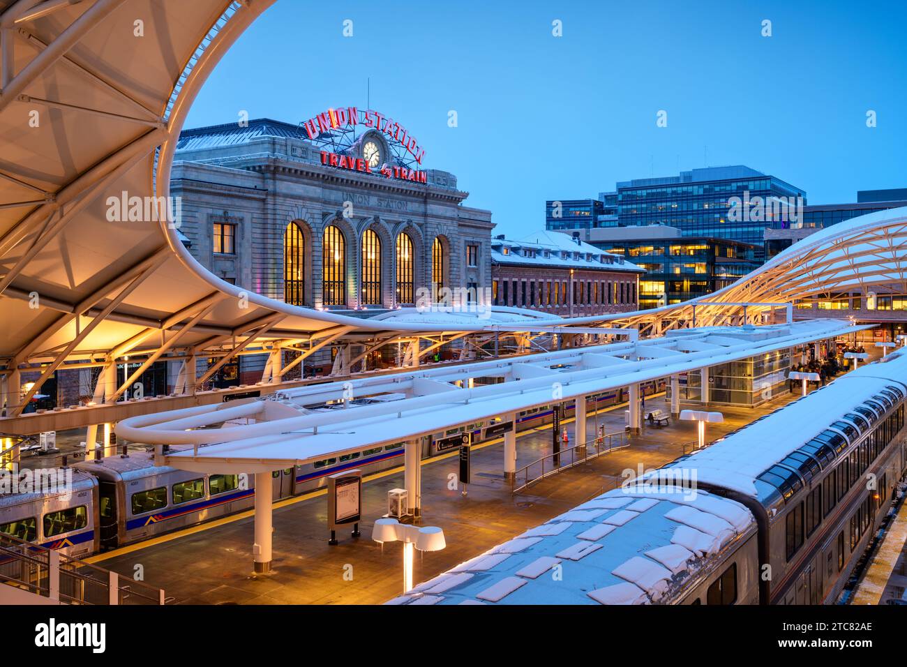 DENVER, COLORADO - MARCH 13, 2019: Trains out of service at Union Station after the 'Bomb Cyclone' winter weather event. The central portion of the st Stock Photo