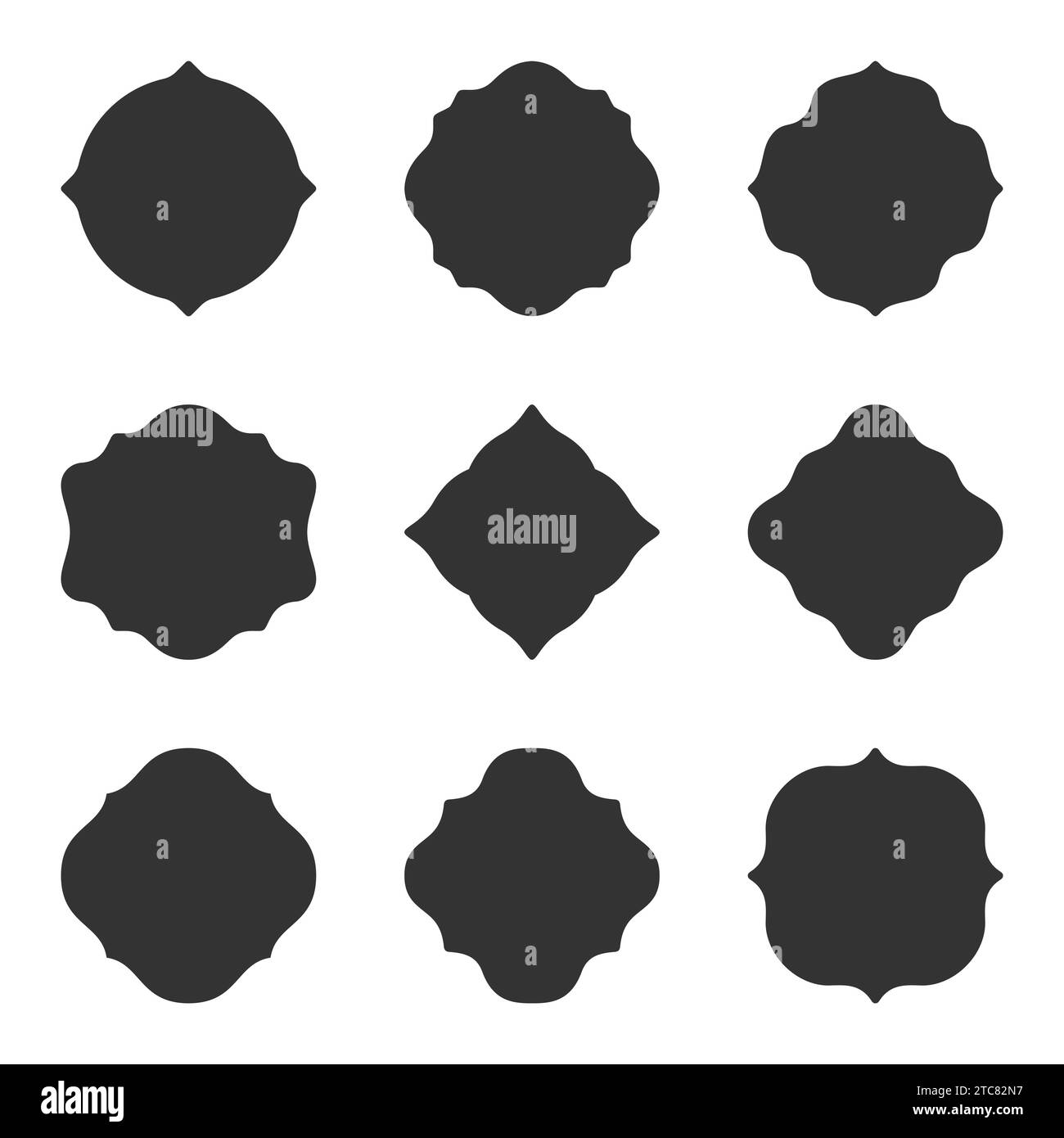 Frame label sticker shape template black silhouette set. Paper price tag stamp name card gift label insignia wedding invitation card sale wax imprint ornate retro shape festive print seal isolated Stock Vector