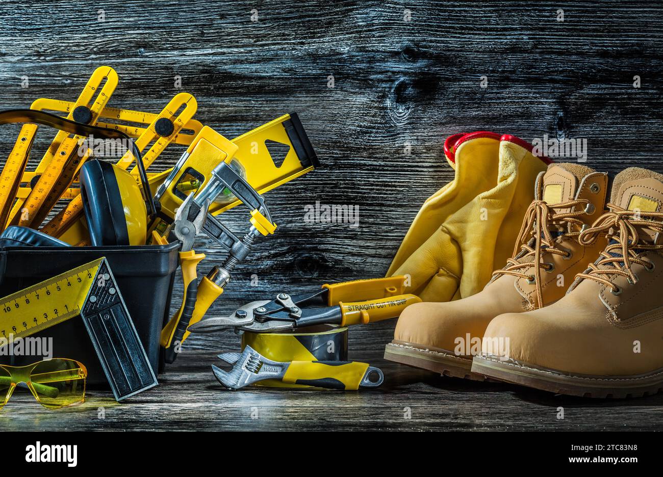 Big composition of yellow construction tools on vintage wood Stock ...