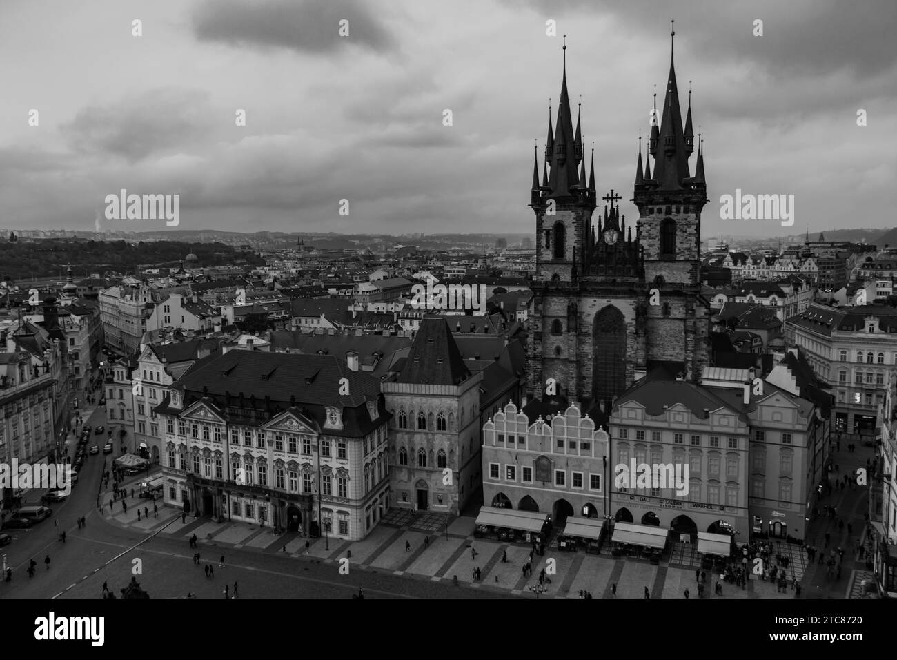 A black and white picture of the Old Town Square, in Prague Stock Photo