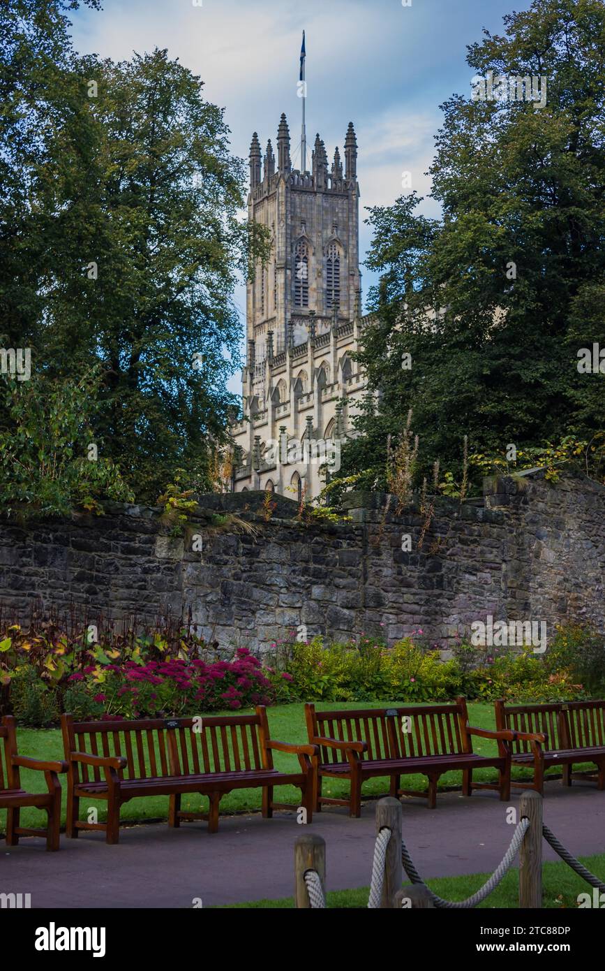 A picture of the St. John's Church as seen from the grounds of the Princes Street Gardens Stock Photo