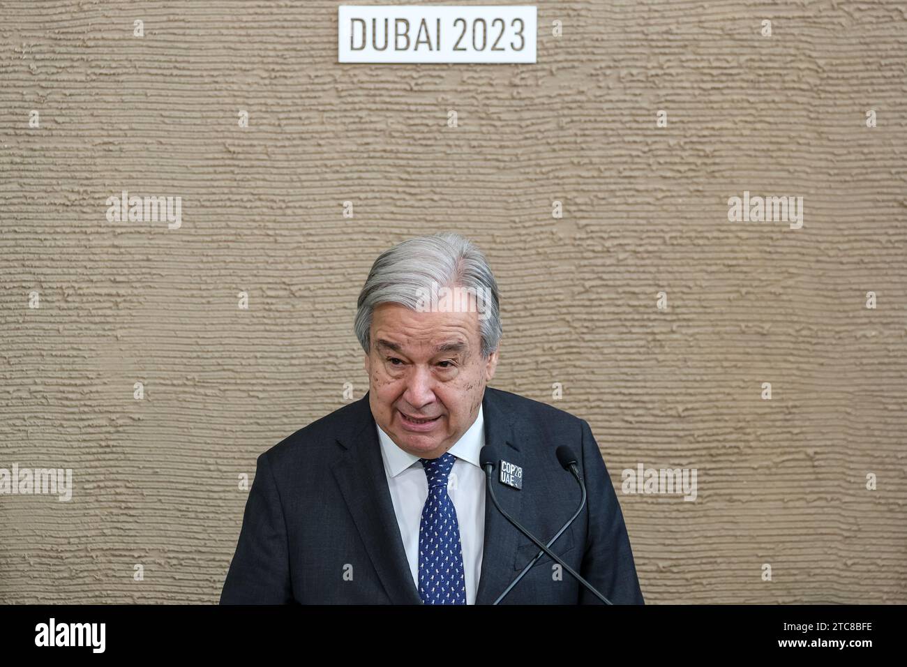 UN Secretary-General António Guterres speaks to media during a stakeout during the COP28, UN Climate Change Conference, held by UNFCCC in Dubai Exhibition Center, United Arab Emirates on December 11, 2023. Stock Photo