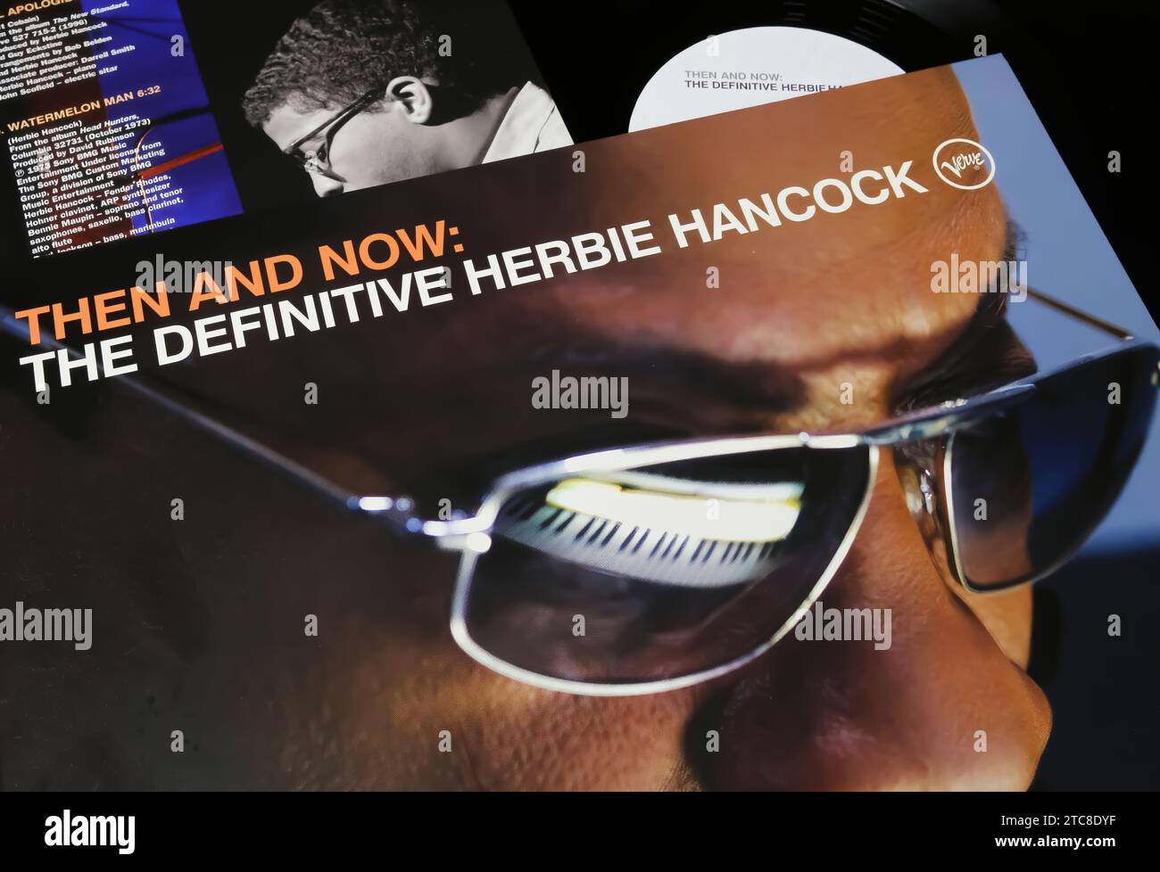 Viersen, Germany - May 9. 2023: Closeup vinyl record album cover of jazz musician Herbie Hancock Then and Now Stock Photo