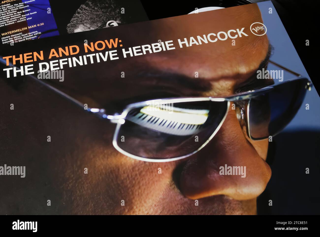 Viersen, Germany - May 9. 2023: Closeup vinyl record album cover of jazz musician Herbie Hancock Then and Now Stock Photo