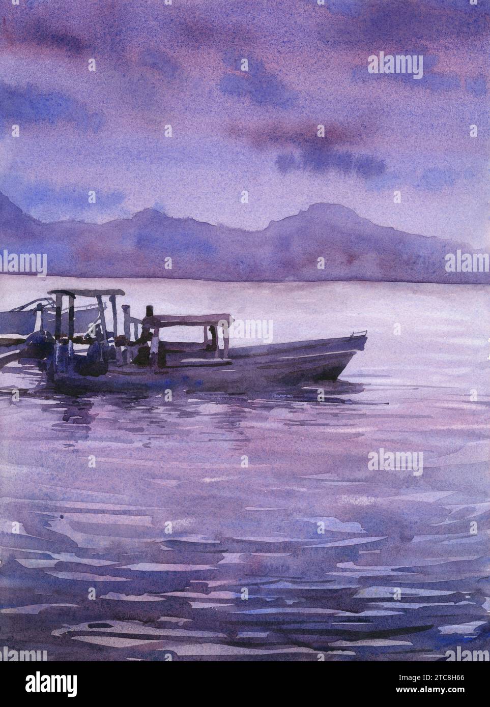 Watercolor landscape painting sunset Lake Atitlan Guatemala trendy wall