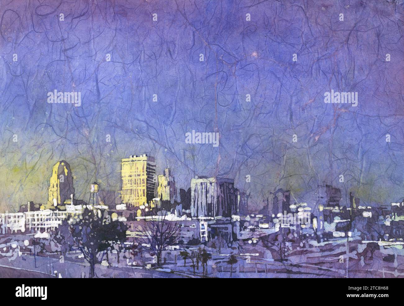Colorful watercolor WinstonSalem skyline NC trendy wall art, handmade