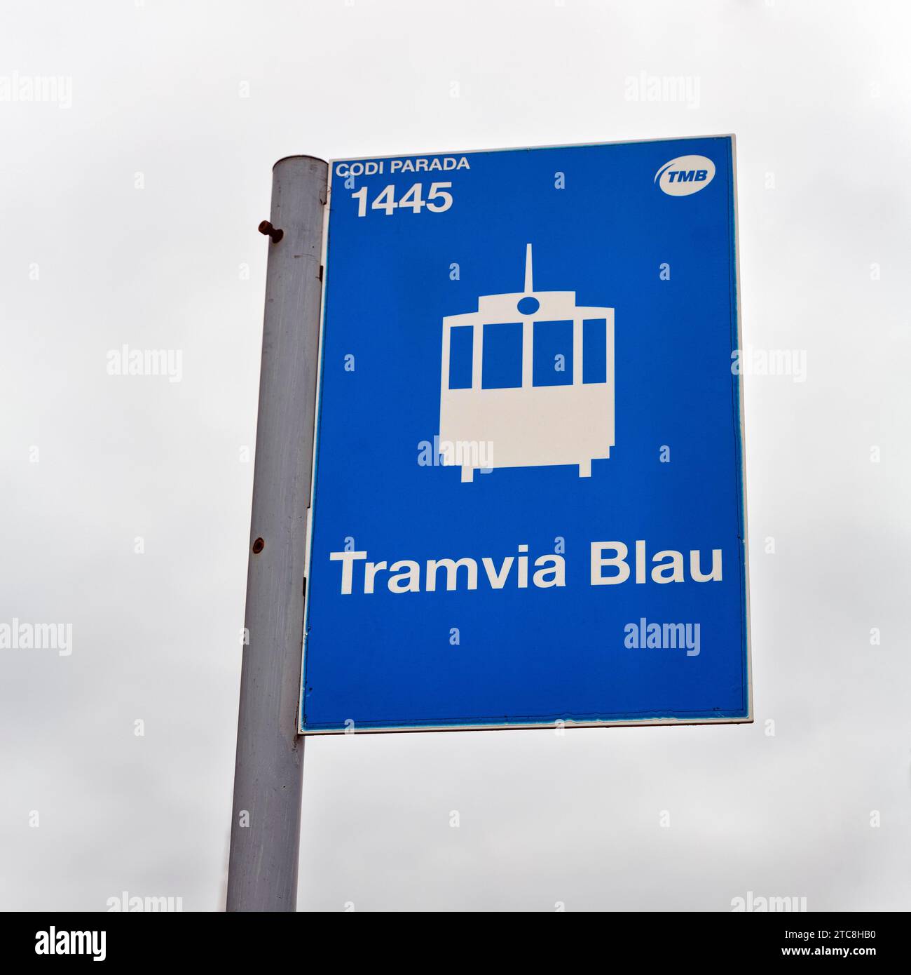Nostalgic blue tram, sign at tram stop, inscription Tramvia Blau