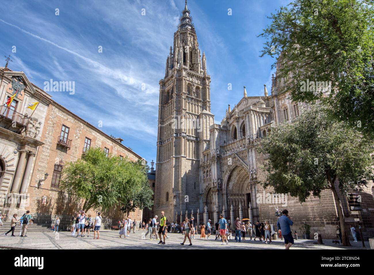 Toledo, Spain - August 29, 2023: The 13th century Primatial Cathedral of Saint Mary of Toledo is a popular tourist attraction in historic Toledo, Spai Stock Photo