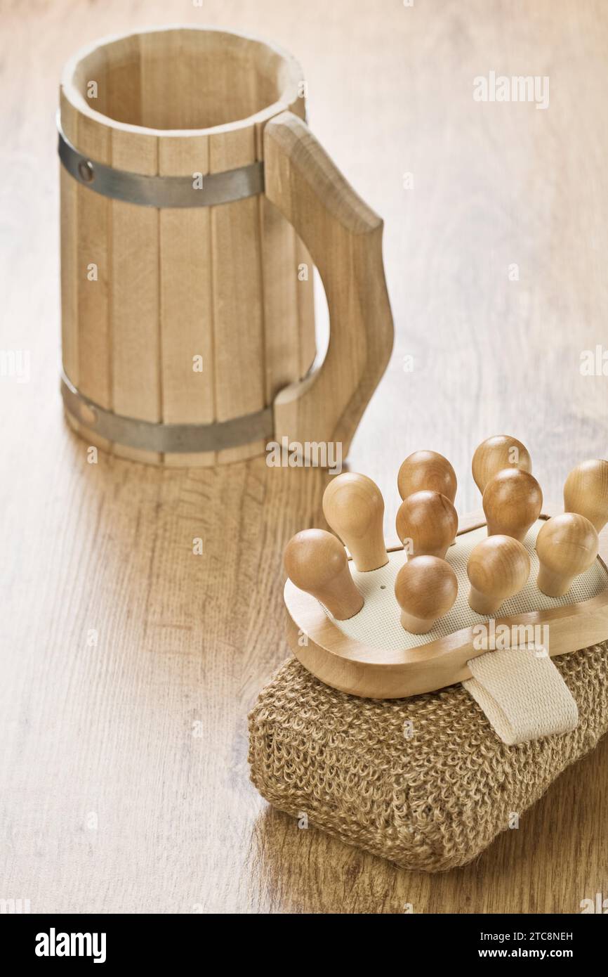 Wooden mug sponge and massager Stock Photo