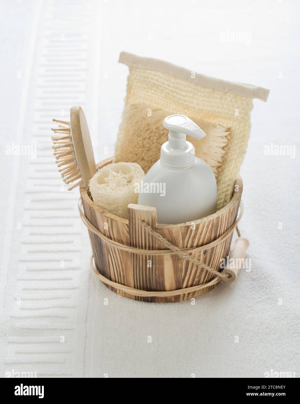 Wooden bucket with objects for bathing Stock Photo