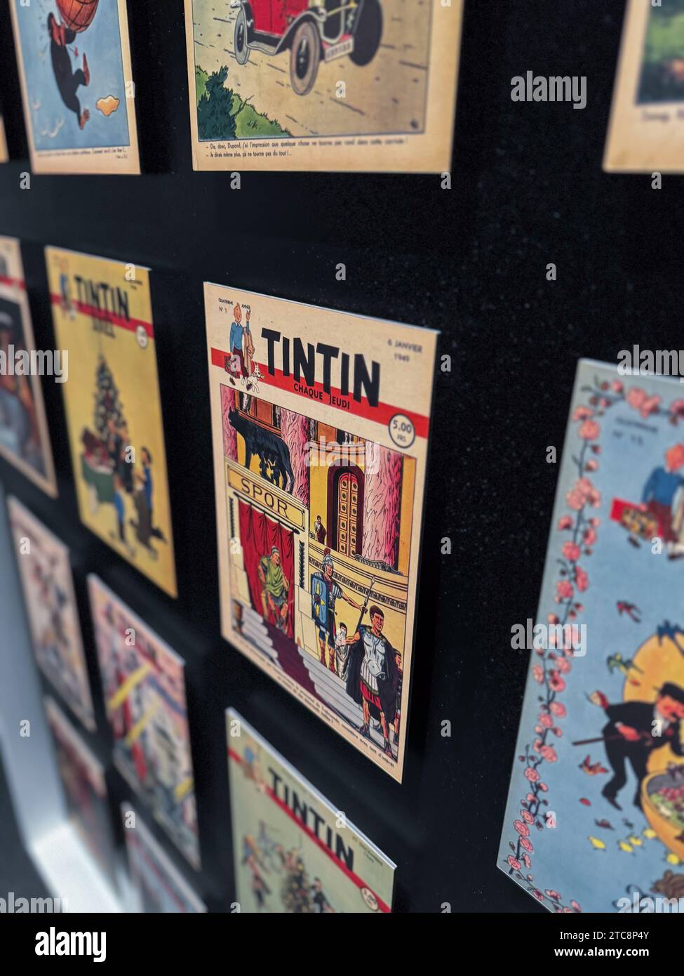 Assorted covers of The Adventures of Tintin comic books by Herge.    'Comic, Dreams and History' exhibition at CaixaForum proposes a tour of some of t Stock Photo