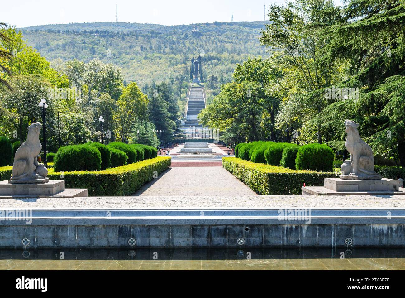 Tbilisi, Georgia - September 27,2023: alley in Vake Park with Memorial of Glory in Vake district of Tbilisi city on sunny autumn day Stock Photo